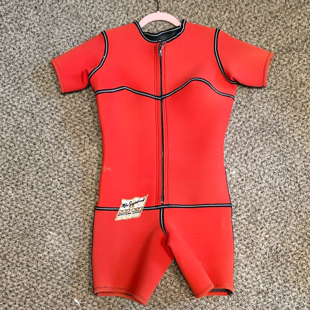 Vintage Short-Sleeve Red Front-Zip Swim Wetsuit- Unbranded with custom patch